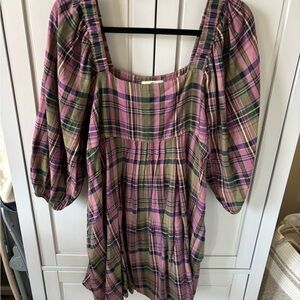 NATURAL LIFE Pink and Green Plaid Mini Dress